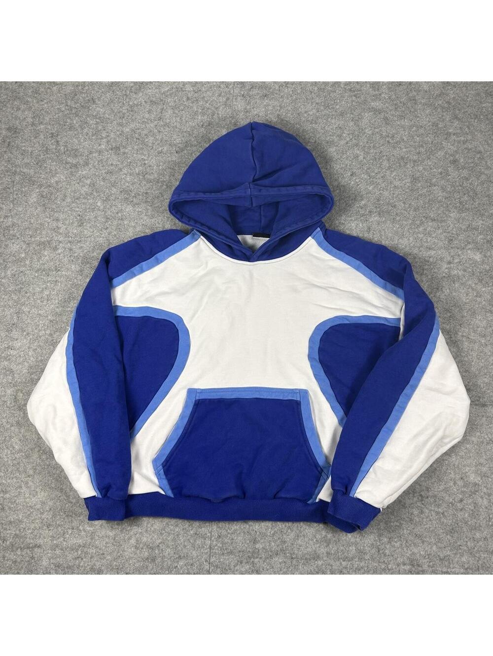 Y2K Streetwear BERLINC Contract Stitch Heavyweight Hoodie Blue & White Size XL